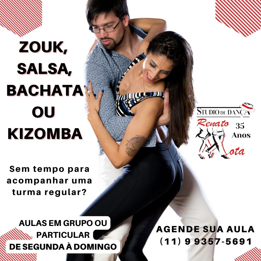 Aulas de ritmos latinos: Salsa, Zouk e Bachata às 2º feiras das 20h00 às 21h00 ou às 6º feiras das 20h30 às 21h30 Kizomba Aos Domingos das 18h00 às 19H00 Em aulas particulares ou grupo fechado.